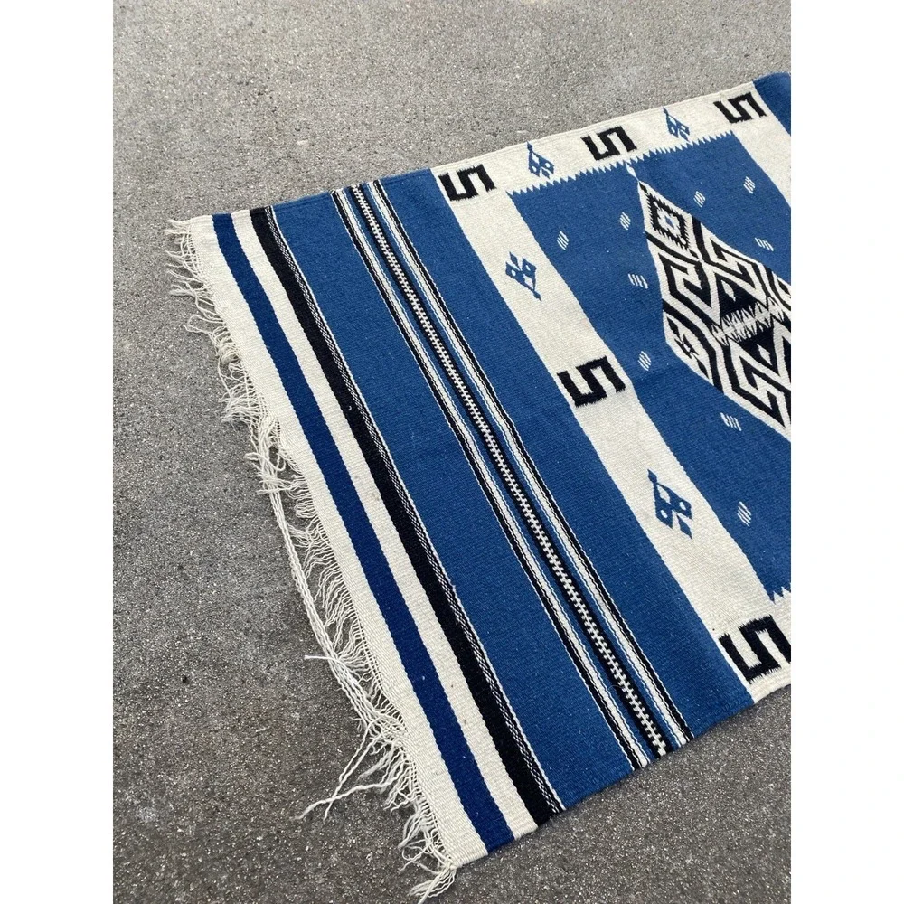 Antique Texcoco Rug Woven Blue Mexico Rio Grande 38x25 RARE